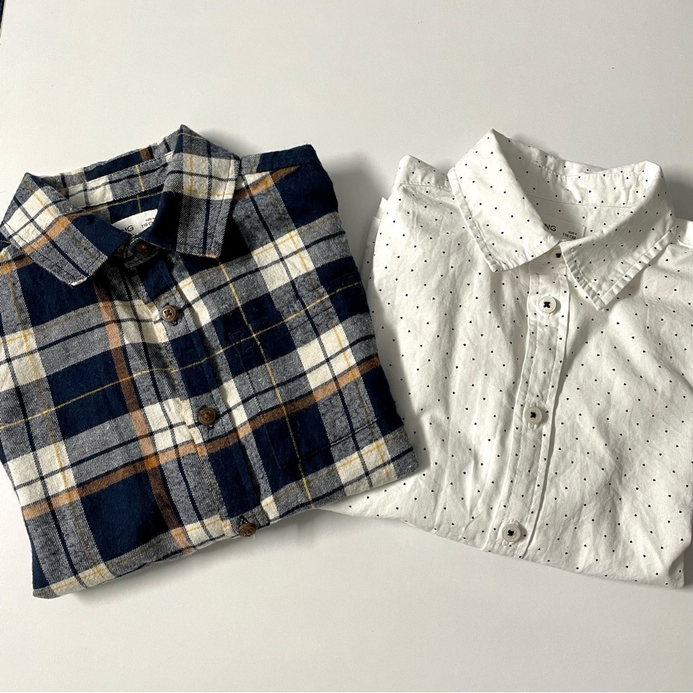 Mango Blue and White Long Sleeve Button Down Shirts for Boys Size 6, 2-Pack.
